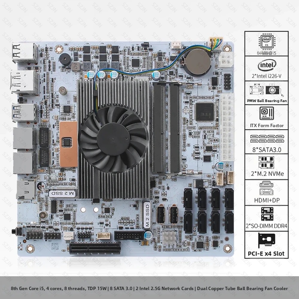 لوحة أم I5-8265U ES NAS بـ 8 ف - مراجعة Nas Motherboard 8 Sata Mini Itx وسعره